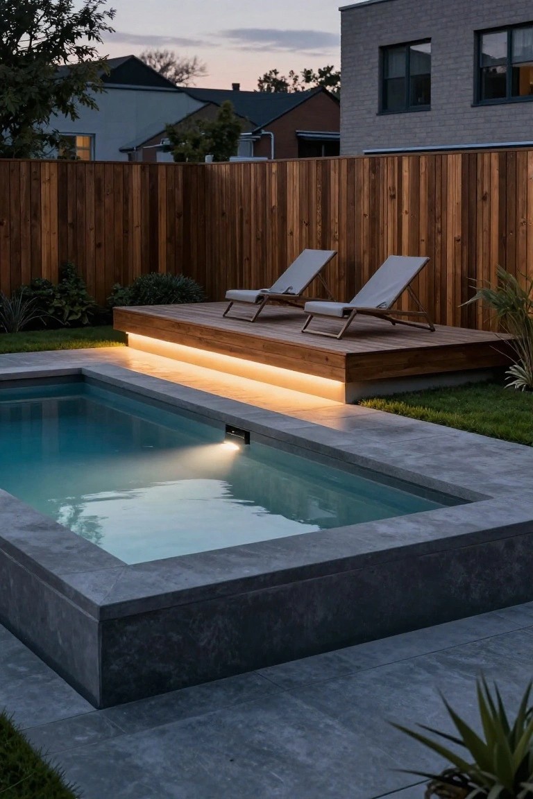 Semi-inground pool with clear turquoise water and gray concrete edges, adjacent to a raised wooden deck platform lit by LED strips underneath, with two beige lounge chairs on the deck, wooden fence, plants, and buildings in the background at dusk.