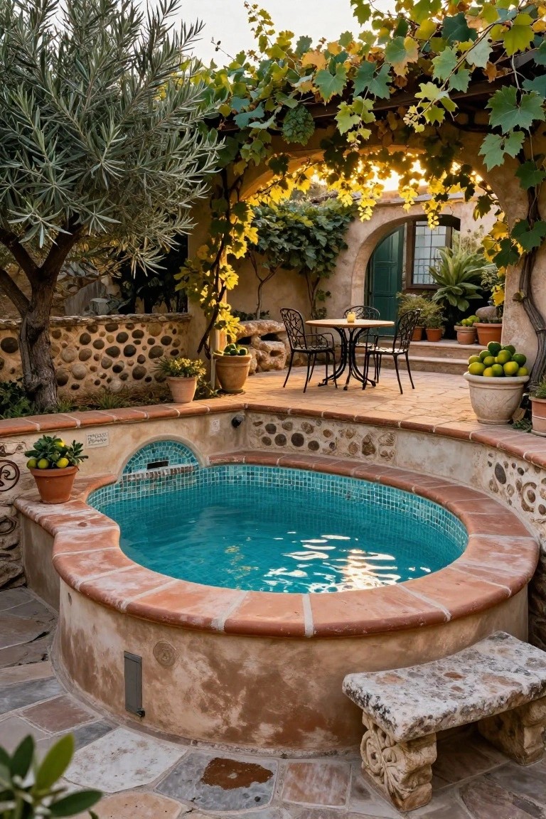 Oval semi-inground pool with turquoise tiles and terracotta edging set into a rustic stone courtyard wall, with olive tree, grape arbor, potted lemons, iron table and chairs, and stone bench nearby.