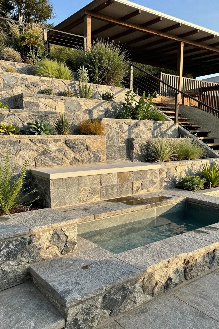 Terraced dry-stacked stone retaining walls on a hillside with various drought-tolerant plants including grasses and succulents, a small rectangular inground pool at the base, stone bench nearby, and stairs leading up to a covered wooden deck structure.