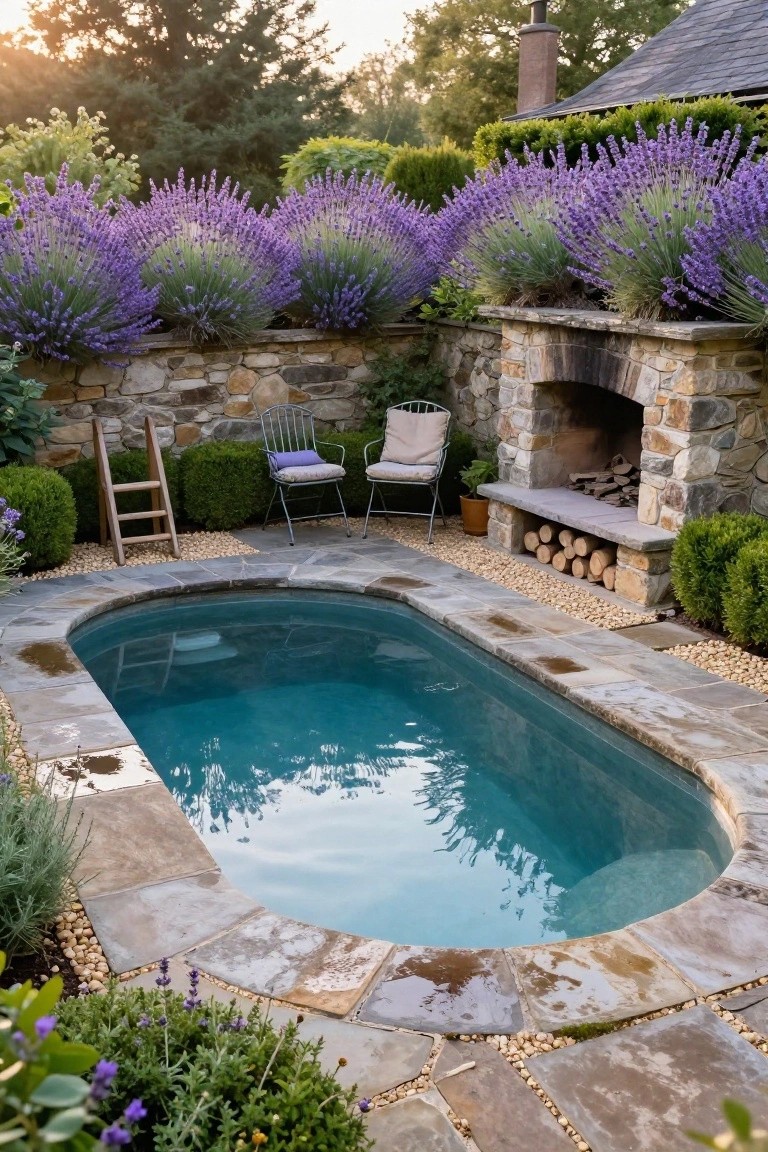 Small turquoise oval semi-inground pool embedded in flagstone patio within stone walls lined with lavender bushes, next to a rustic stone fireplace with stacked firewood, two metal chairs with cushions, and a wooden ladder.