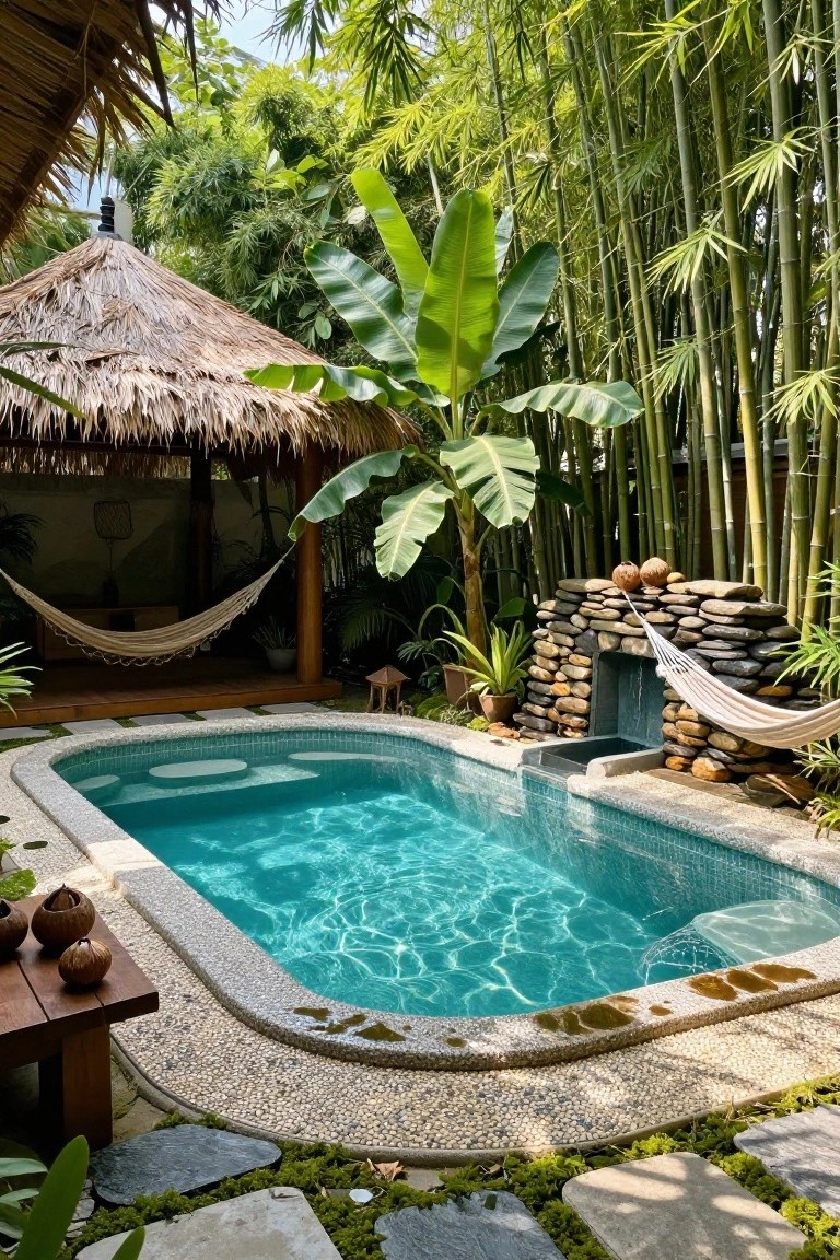 Small turquoise semi-inground pool with a stone arch waterfall at one end, surrounded by lush tropical plants, bamboo grove, hanging hammocks, thatched pavilion, and pebble edging in a garden courtyard.