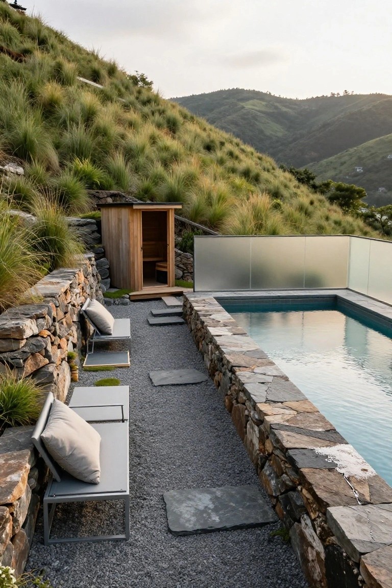 Semi-inground pool on a grassy hillside edged by dry-stacked stone retaining walls, with metal lounge chairs, wooden sauna cabin, and frosted glass railing.