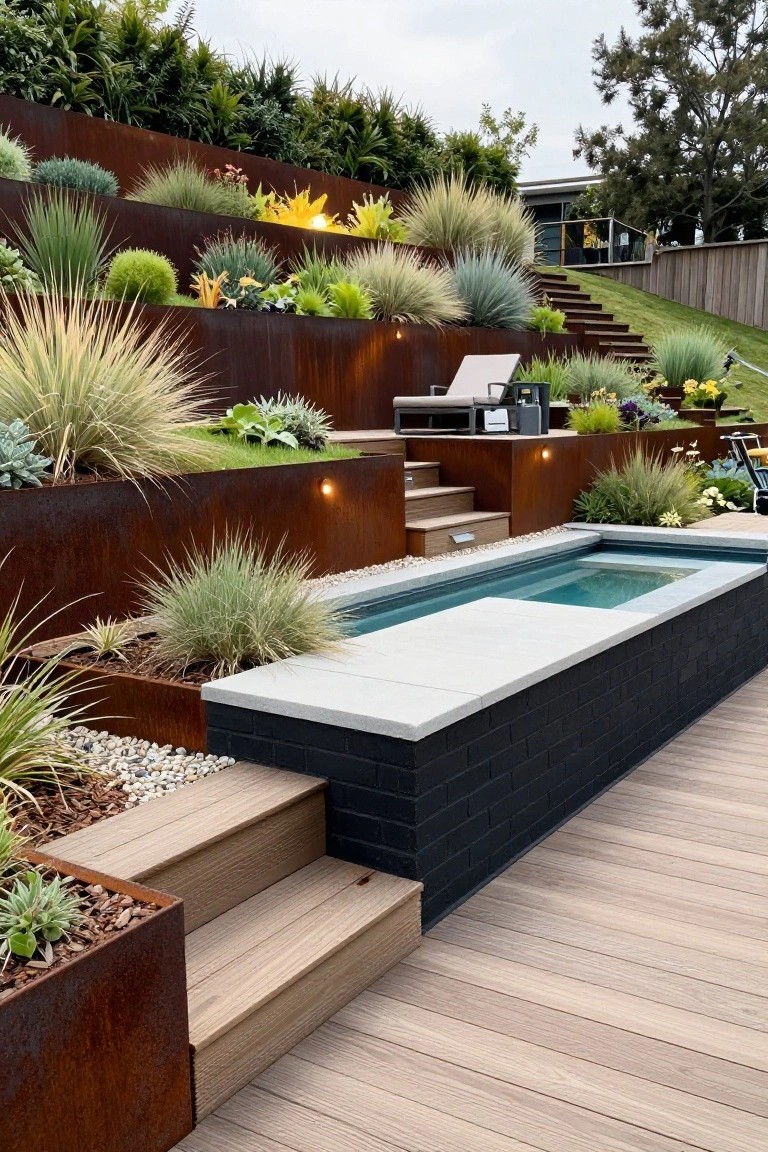 Semi-inground pool with turquoise water set into black brick walls on a light wood deck, surrounded by multi-tiered corten steel planters filled with grasses, succulents, and ground cover on a sloped backyard with wooden steps leading upward.