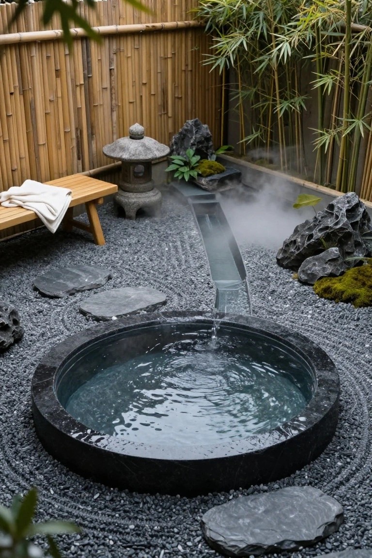 Circular black stone semi-inground hot tub filled with steaming water, surrounded by raked gray gravel, flat stones, rocks, moss, plants, a stone lantern, wooden bench with towel, and bamboo fence in a garden setting.