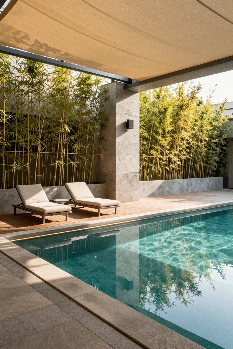 22 Trendy Outdoor Patio Pool Ideas For Endless Summer Days Outdoor pool area featuring two beige lounge chairs on wooden decking beside a turquoise pool, with tall bamboo screens along stone walls under a beige fabric canopy.