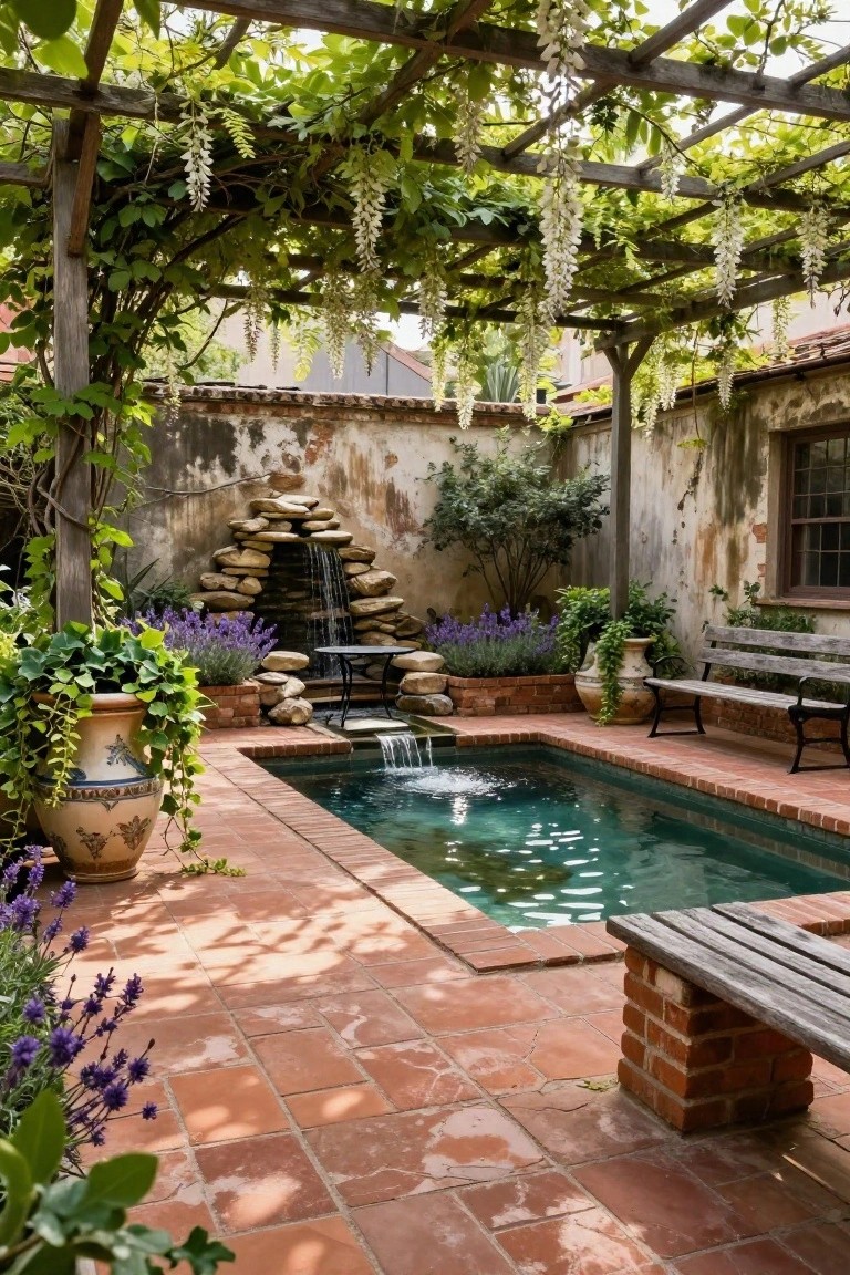 22 Trendy Outdoor Patio Pool Ideas For Endless Summer Days A small rectangular turquoise pool in a terracotta-tiled courtyard, fed by a stacked stone waterfall fountain against a whitewashed brick wall, with wooden benches, potted plants, lavender borders, and wisteria vines on a wooden pergola overhead.