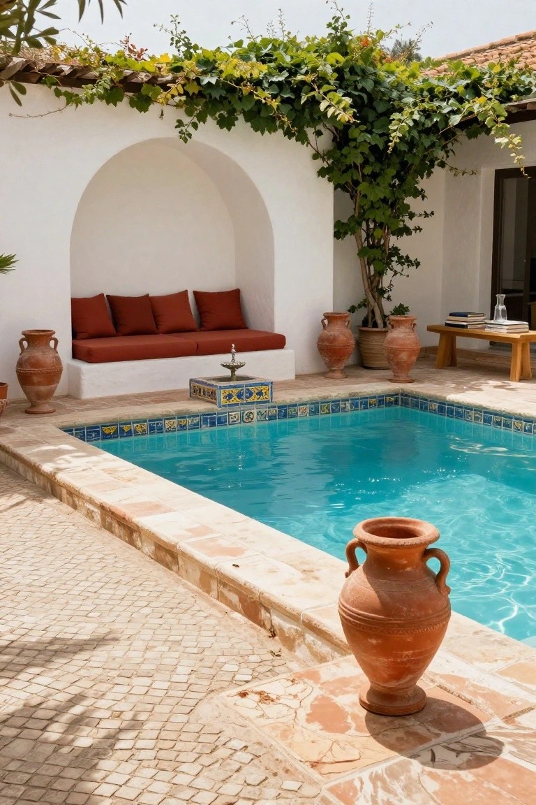 22 Trendy Outdoor Patio Pool Ideas For Endless Summer Days White stucco courtyard featuring a small blue-tiled pool, built-in red-cushioned bench in an arched niche, central fountain, terracotta pots, and vine-covered walls.