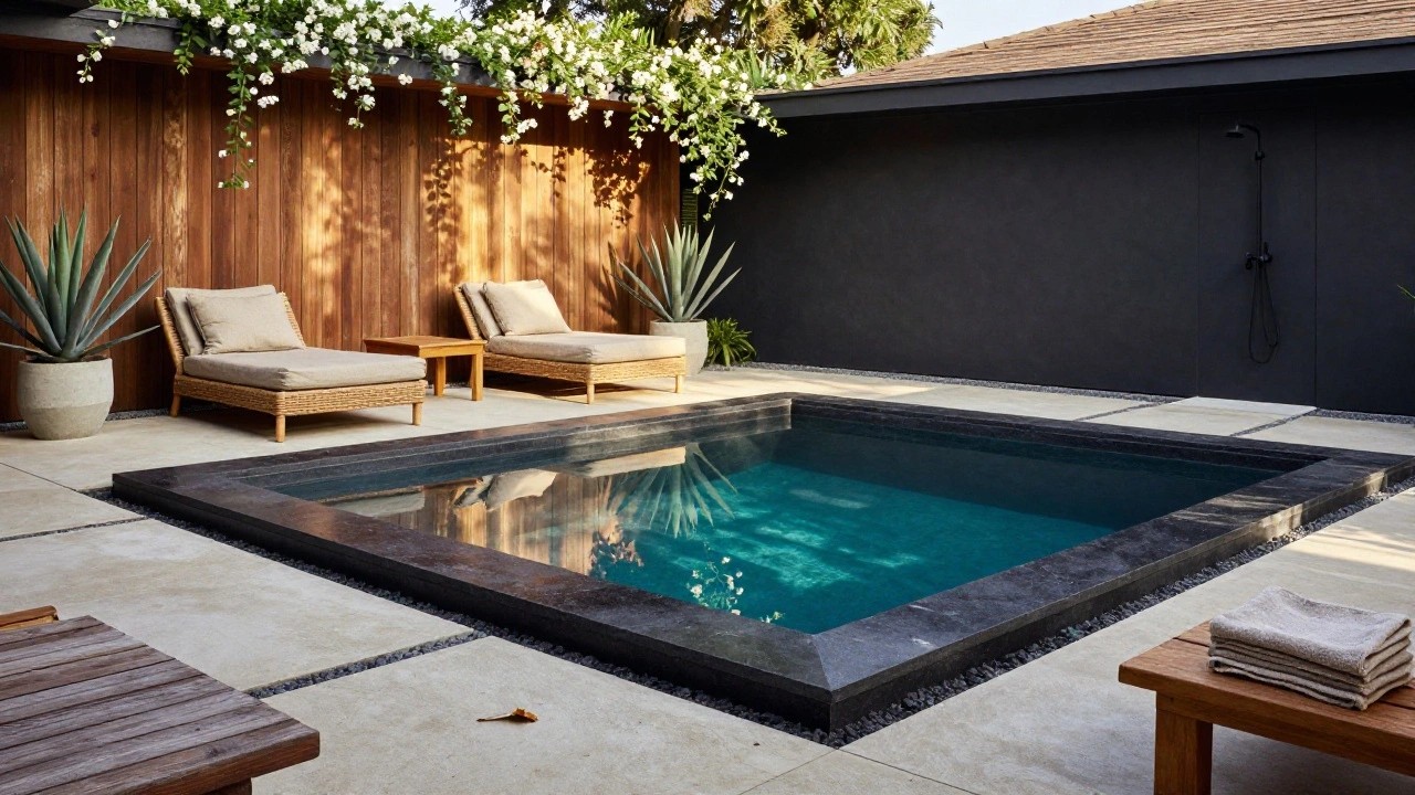 Narrow outdoor pool with black marble edging and blue water, wooden daybed with beige cushions and pillows positioned directly beside it, potted agave plants, small wooden stool with towels, wooden fence with white flowering vines, and black outdoor shower.
