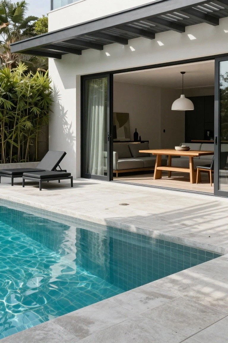 22 Trendy Outdoor Patio Pool Ideas For Endless Summer Days Turquoise pool with light stone deck and two black adjustable loungers adjacent to open floor-to-ceiling sliding glass doors into white interior living and dining area with wooden table, neutral sofas, and potted plants.