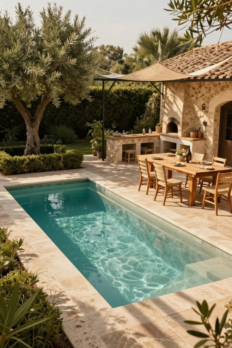 22 Trendy Outdoor Patio Pool Ideas For Endless Summer Days A narrow rectangular turquoise plunge pool borders a travertine stone patio with a wooden dining table and chairs, stone outdoor kitchen including pizza oven, beige umbrella shade, and surrounding olive trees, boxwood hedges, and stone house wall.