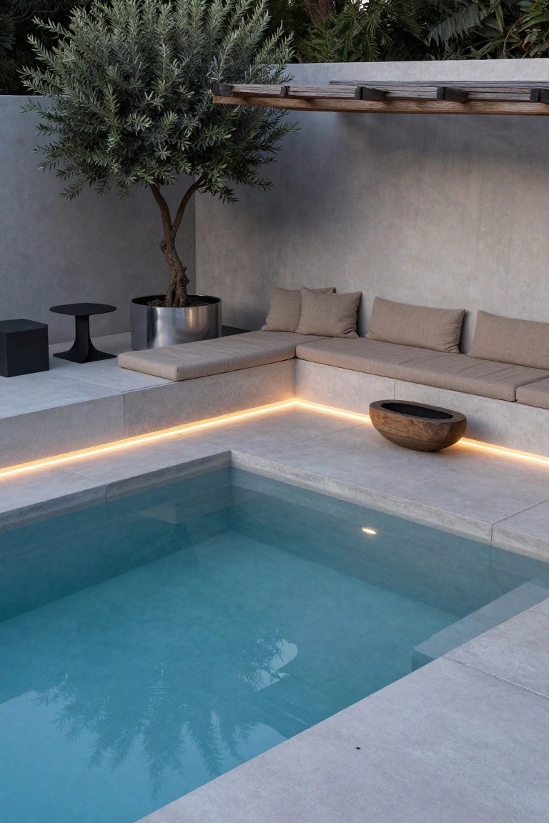 22 Trendy Outdoor Patio Pool Ideas For Endless Summer Days Modern outdoor patio with a small rectangular plunge pool filled with light blue water, surrounded by light gray concrete L-shaped built-in bench seating topped with beige cushions, LED strip lighting along the bench edges, a wooden bowl on the bench, black side table and stool, metal potted olive tree, and textured gray walls.
