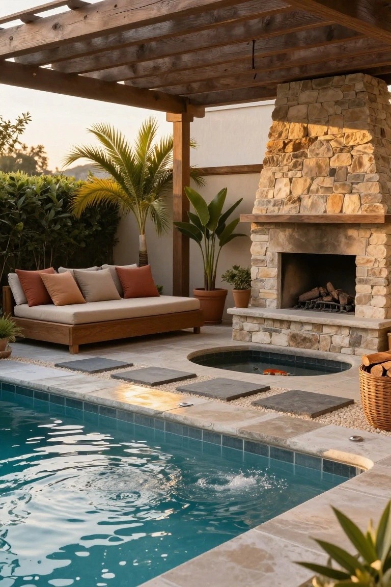 22 Trendy Outdoor Patio Pool Ideas For Endless Summer Days Outdoor patio featuring a stone fireplace with fire lit, wooden daybed with orange and beige cushions, potted plants, pergola overhead, and turquoise pool with bubbling water adjacent to stone pavers.