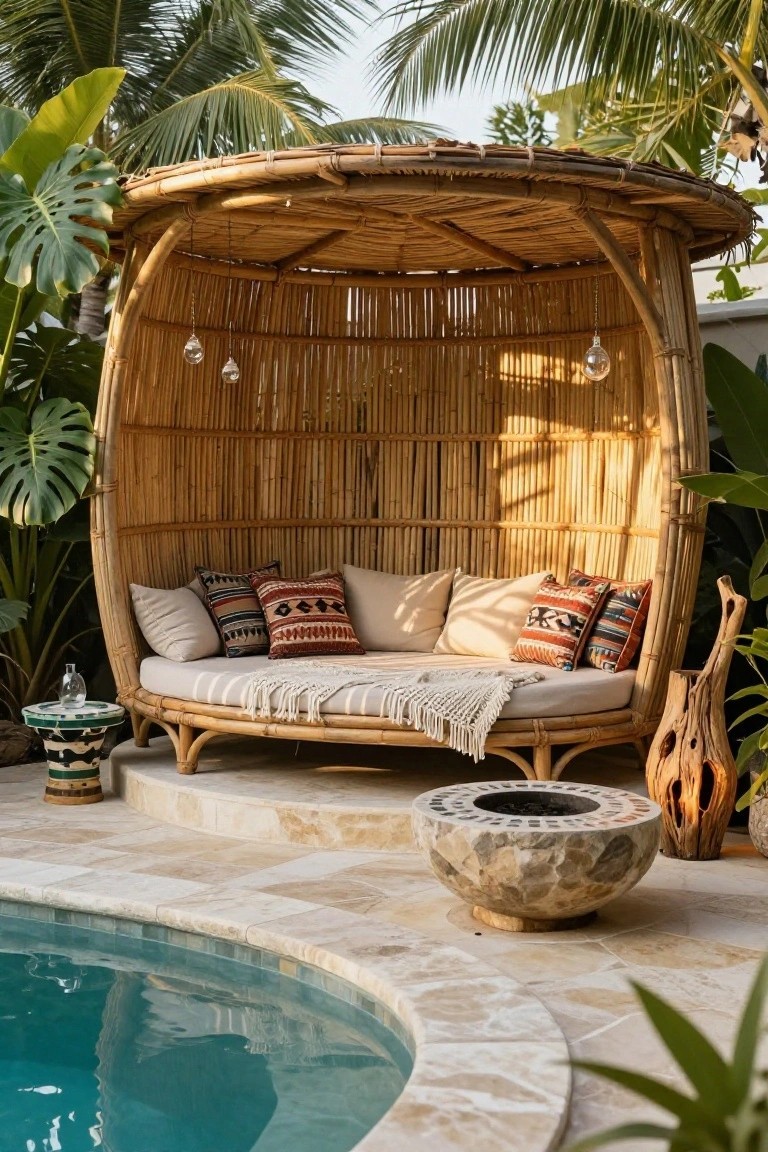 Curved woven bamboo cabana enclosing a cushioned daybed with pillows and throw on a tiled poolside patio, surrounded by tropical plants, hanging glass ornaments, side tables, driftwood pieces, and a stone fire bowl next to a turquoise pool.