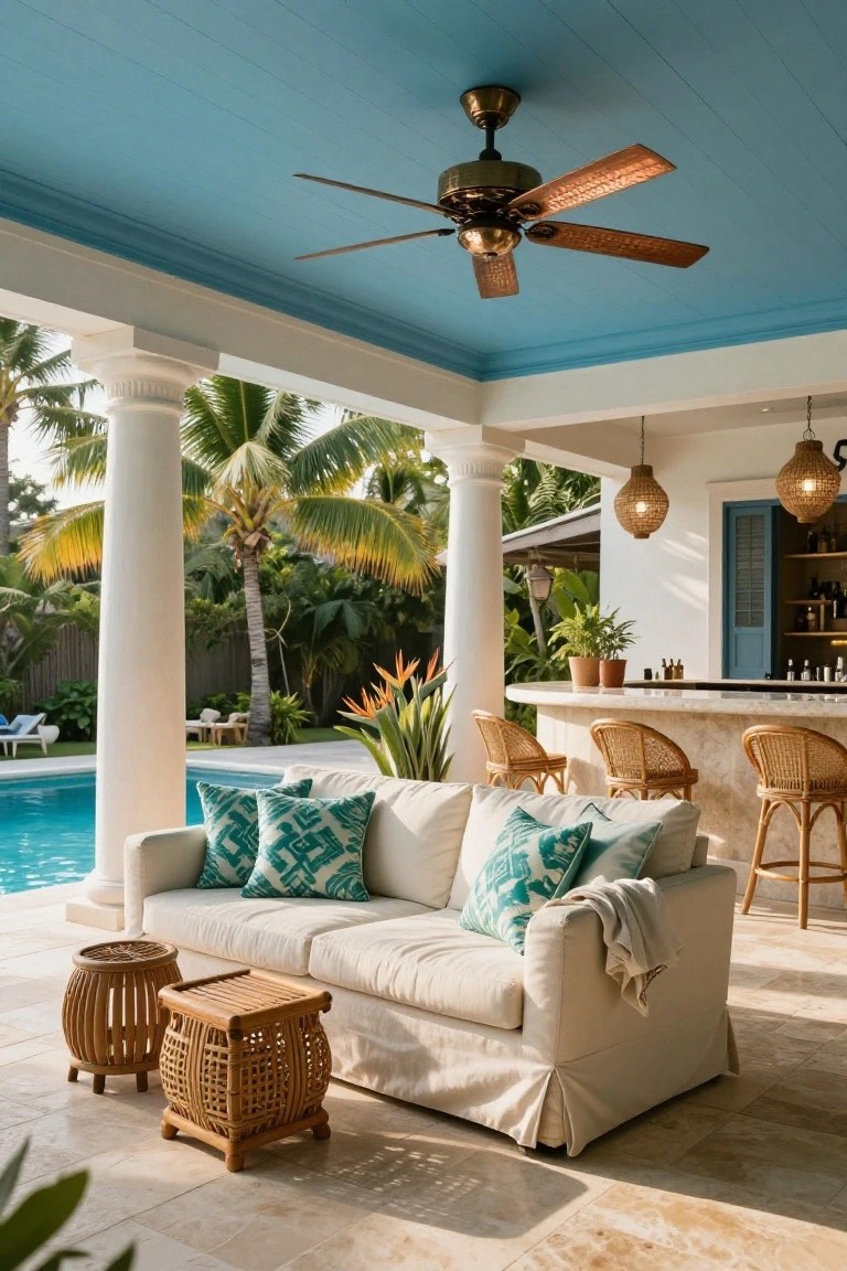 Open-air cabana with blue ceiling, brass ceiling fan, white columns, white sofa with green patterned pillows, rattan side tables and bar stools at curved bar, blue pool, palm trees, and tropical plants in background.