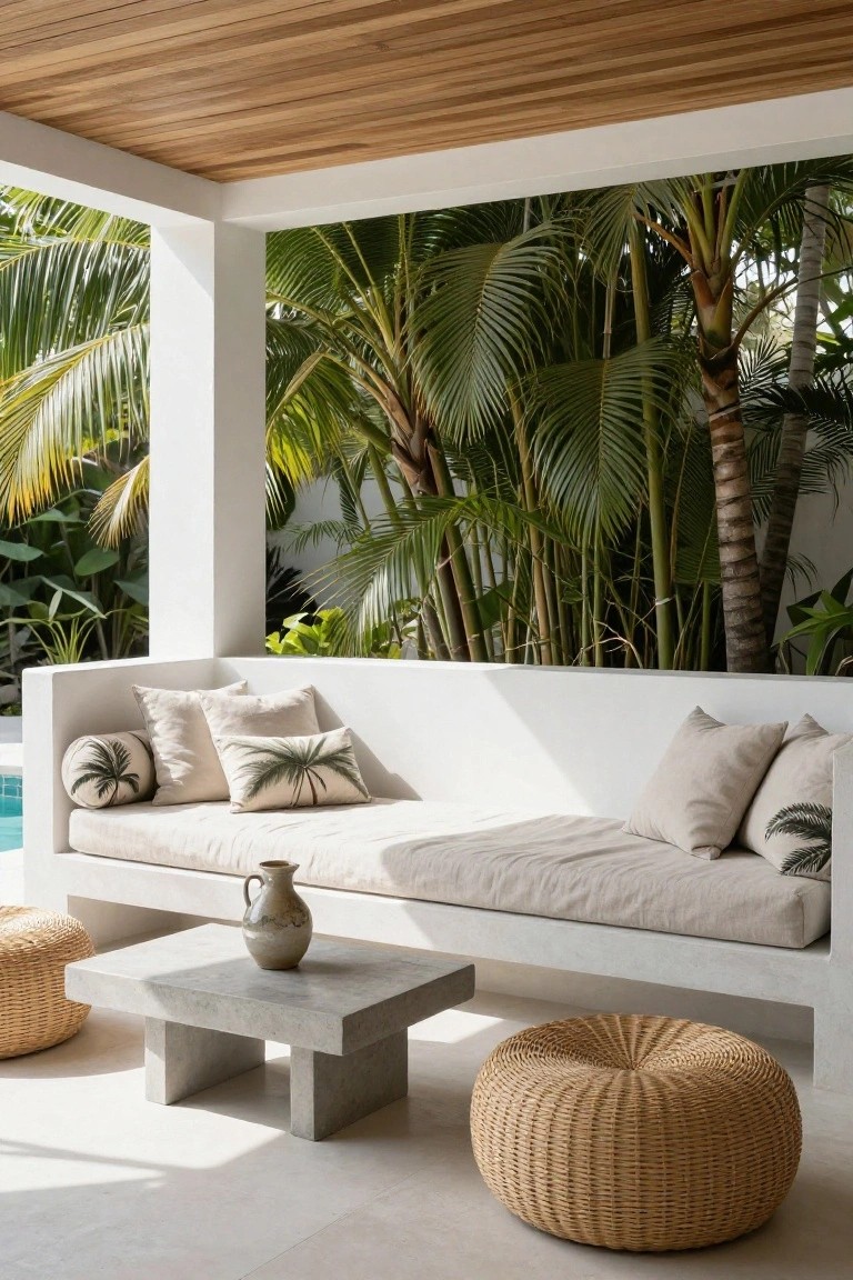 Open-air cabana with teak wood ceiling and white walls housing a low white daybed sofa with beige cushions featuring palm leaf prints, a square concrete coffee table holding a terracotta vase, two rattan poufs, polished concrete floor, next to an infinity-edge pool surrounded by lush palm trees.