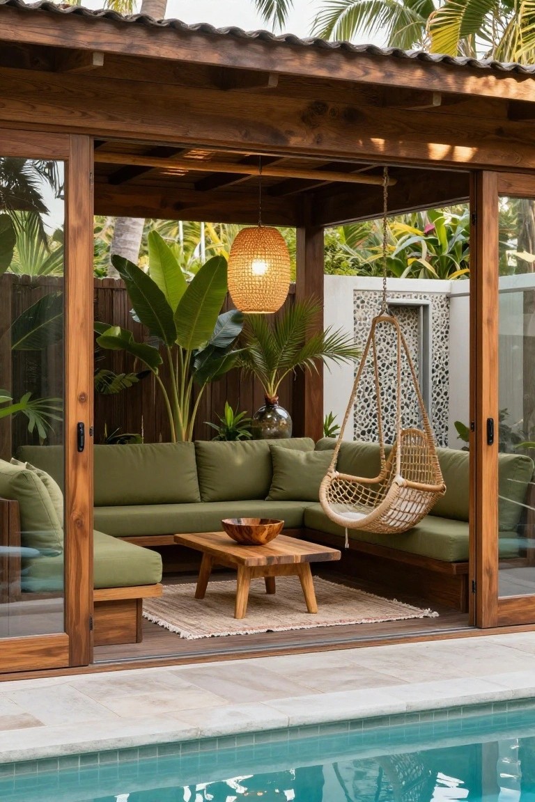 Wooden open-air cabana with green L-shaped cushioned bench, rattan hanging swing, low wooden table, potted plants, and hanging lantern beside a turquoise pool edged in tile.