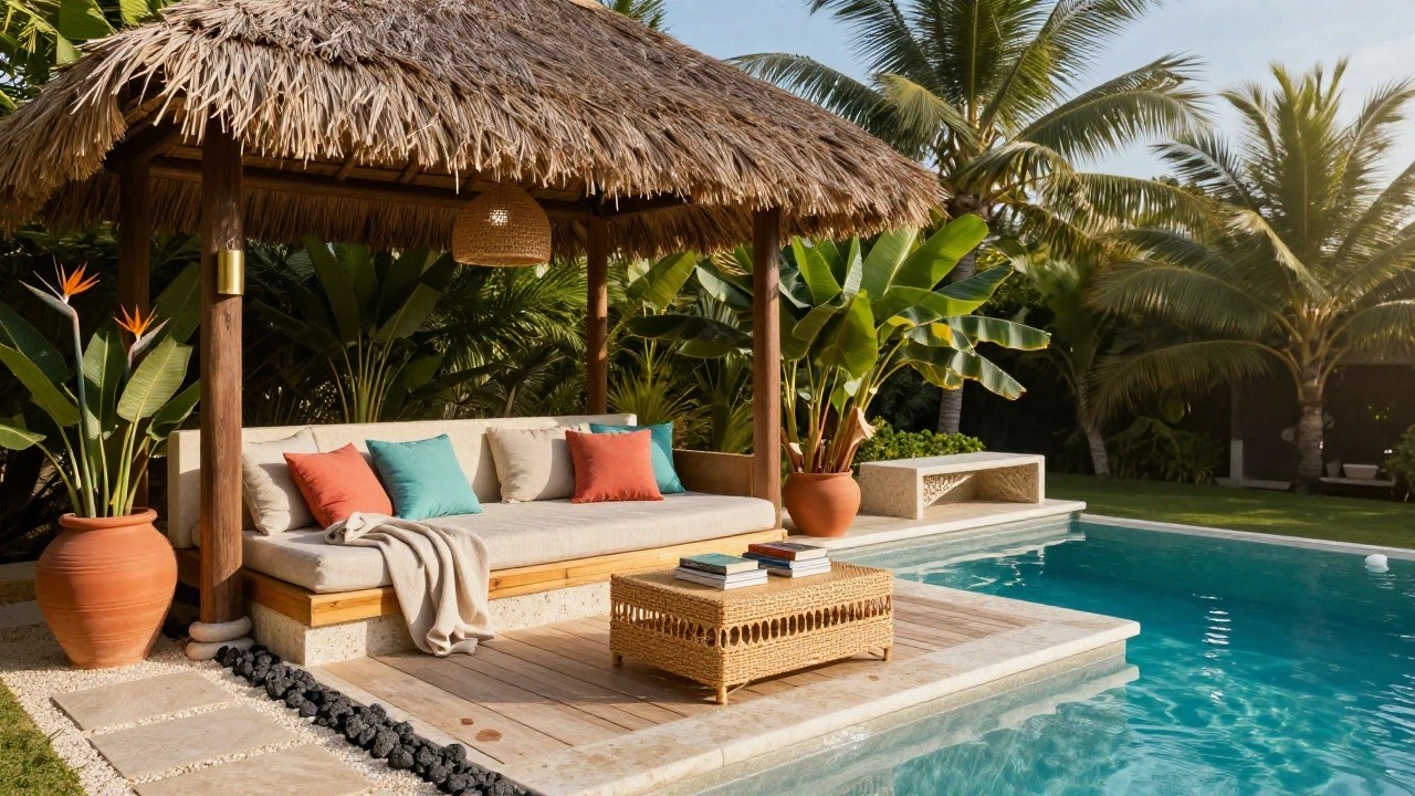 Thatched roof cabana with wooden frame, teal cushioned daybed with orange pillows and throw, potted plants, hanging lanterns, and turquoise pool alongside.