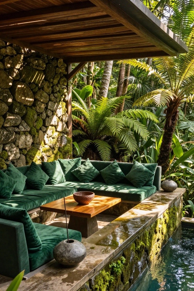 Green velvet L-shaped sectional sofa on a mossy stone platform next to a pool, under a wooden roof with tropical plants and ferns surrounding it.