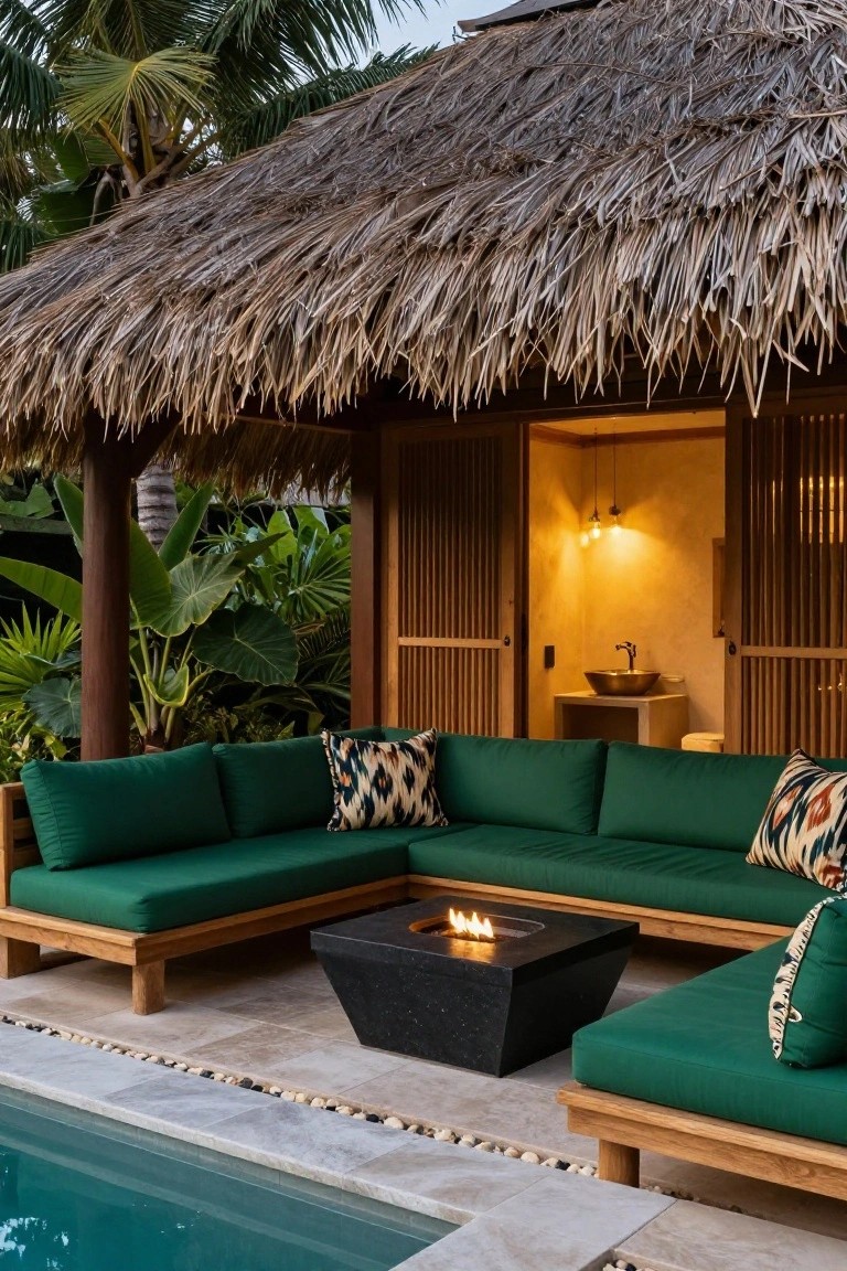 Poolside cabana with L-shaped wooden sofas upholstered in green cushions surrounding a square black fire pit table, thatched roof overhang, shoji screens leading to an indoor sink area, tropical plants, and turquoise pool edge.