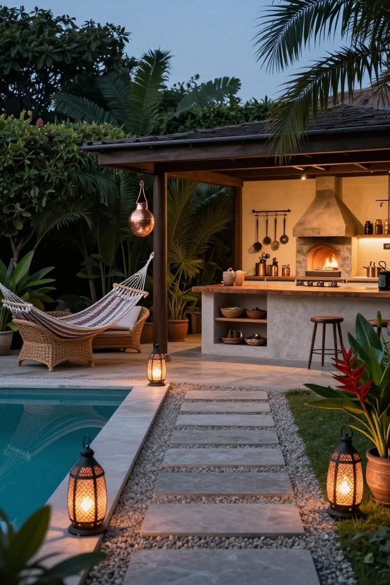 Tropical poolside cabana at dusk with open-air kitchen including stone wood-fired oven, wood counter, bar stools, hanging copper pots, hammock chair, lanterns, stone pathway, and surrounding palms and plants.