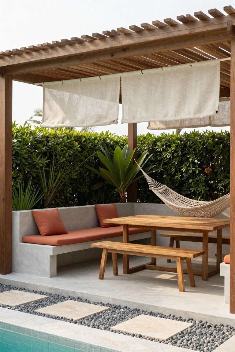 Pool Cabana with Built-In Bench Seating