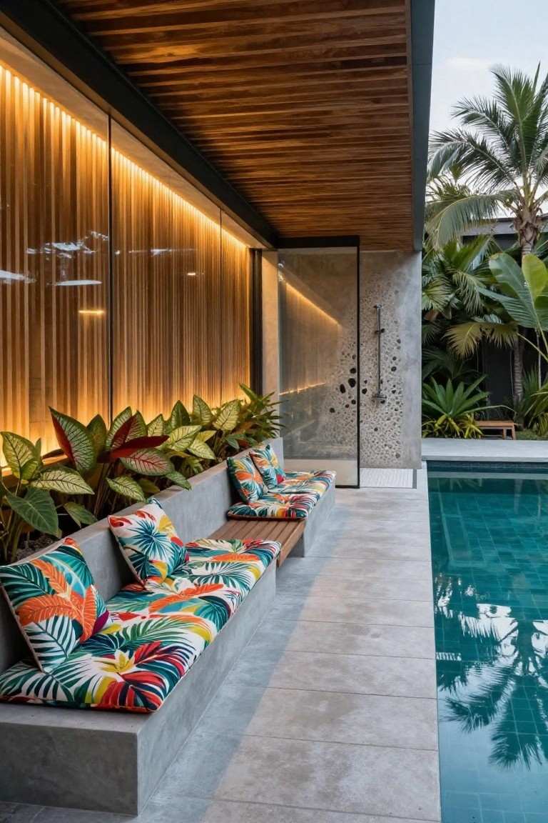 Outdoor pool area with built-in gray concrete benches along the edge, topped with wooden slats and colorful tropical-patterned cushions and pillows, lush green plants in planters, an outdoor shower on a textured wall, turquoise tiled pool, and wooden slatted ceiling with backlit screens.