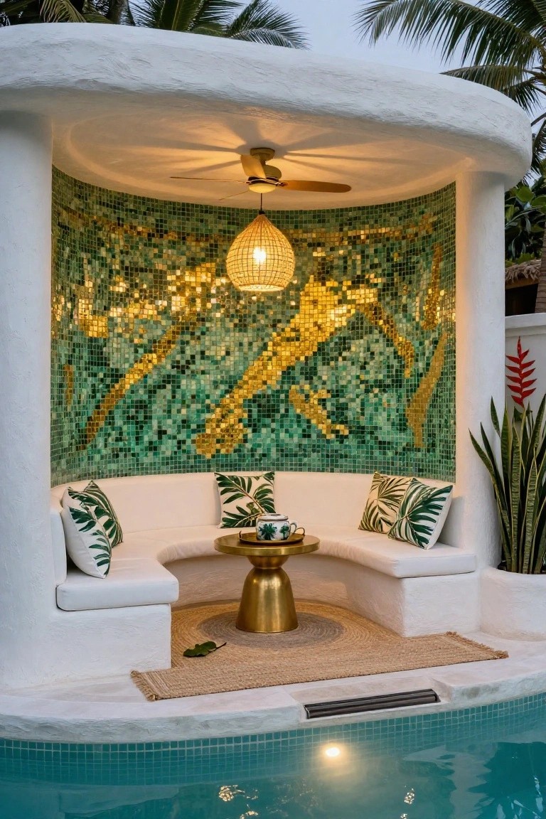Curved white stucco cabana nook beside an infinity pool edge with green and gold mosaic fish tile wall, built-in white benches topped with green leaf cushions, central gold pedestal table holding a teacup, rattan pendant light, wood ceiling fan, potted plants, seagrass rug, and surrounding palm trees at dusk.