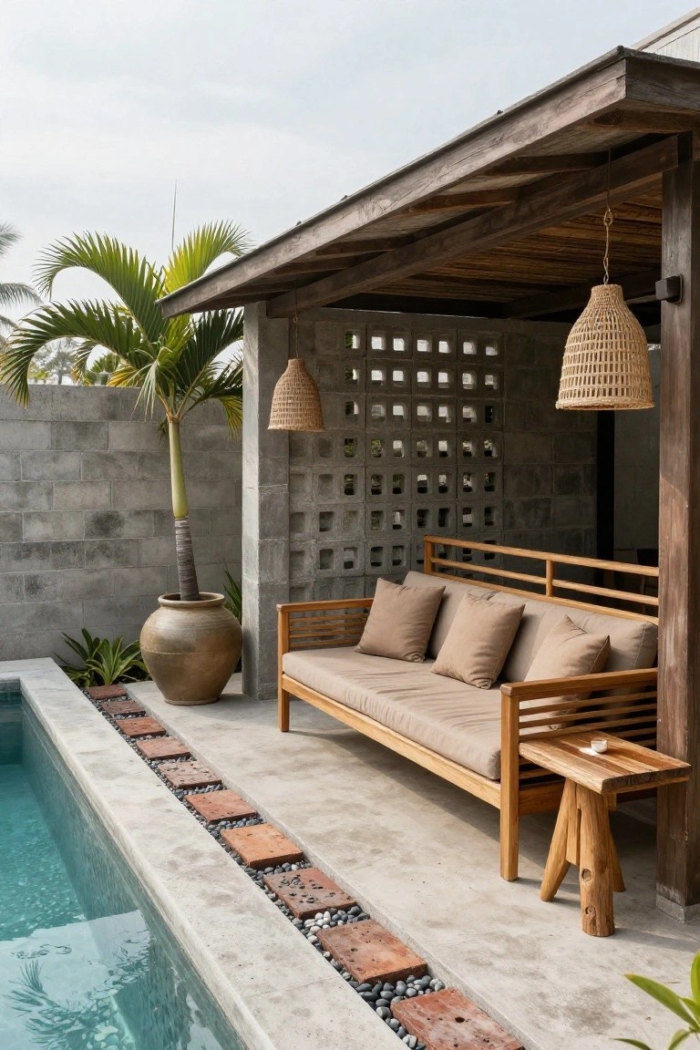 Wooden daybed with beige cushions and pillows on a poolside cabana platform under slatted roof with hanging rattan lanterns, next to infinity-edge pool and concrete block wall with palm tree.