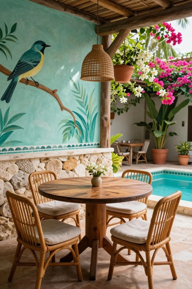 Round wooden table with four rattan chairs in a tropical cabana featuring a turquoise wall mural of a blue and yellow bird on a branch, hanging rattan lamp, potted plants, and turquoise pool nearby.