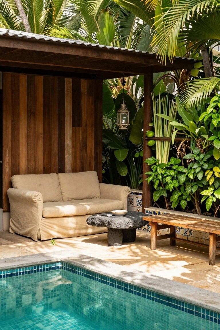 Wooden cabana sheltering a beige sofa, black stone coffee table, and wooden bench table next to a blue-tiled pool edge, surrounded by tropical plants and palms.