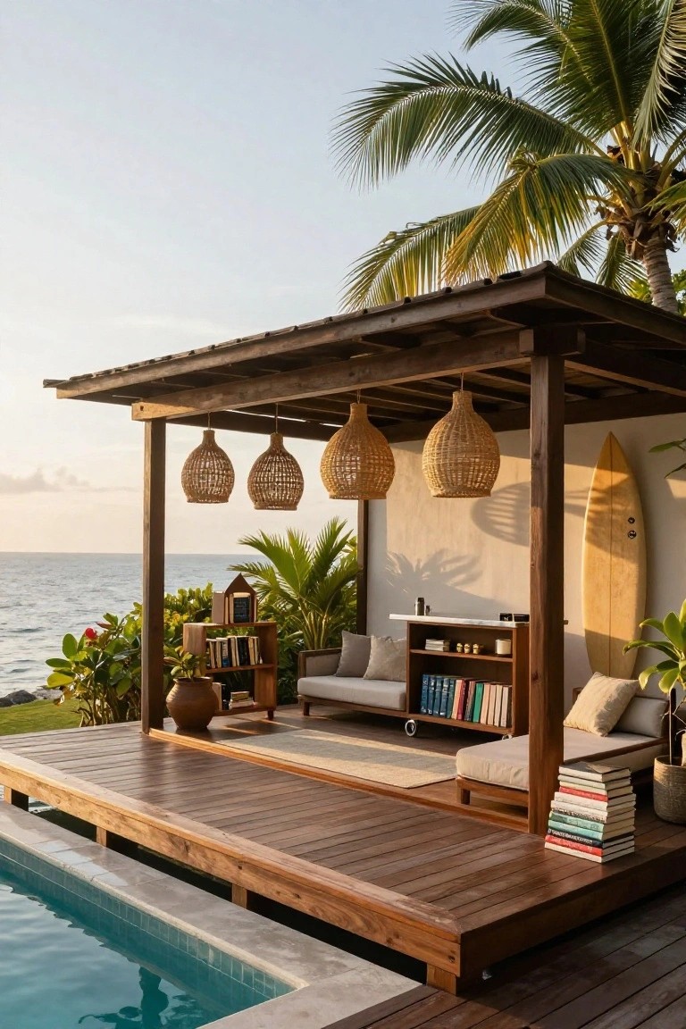 Wooden open-air cabana on elevated deck next to infinity-edge pool, with lounge seating, bookshelves, hanging rattan lamps, potted plants, surfboard on white wall, tropical plants, and ocean view at sunset.