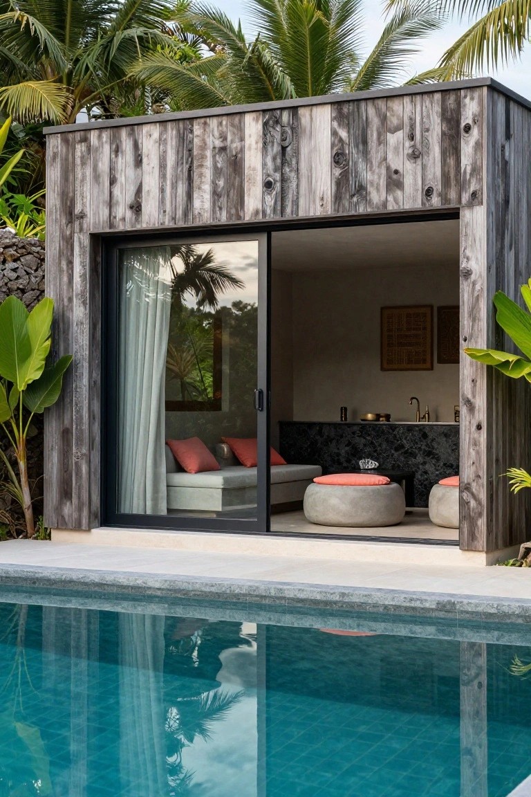 Rustic wooden cabana with open sliding glass doors adjacent to a turquoise pool, showing interior with beige sofa, orange cushions, concrete stools, black countertop sink, surrounded by palm trees and tropical plants.