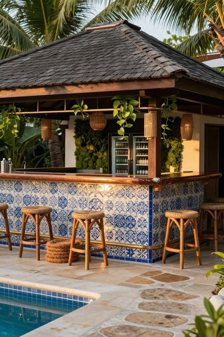 Outdoor pool cabana bar with blue and white patterned tile on the front, wooden top, rattan stools, hanging plants, living green wall, fridge, and blue pool edge nearby under palm trees.