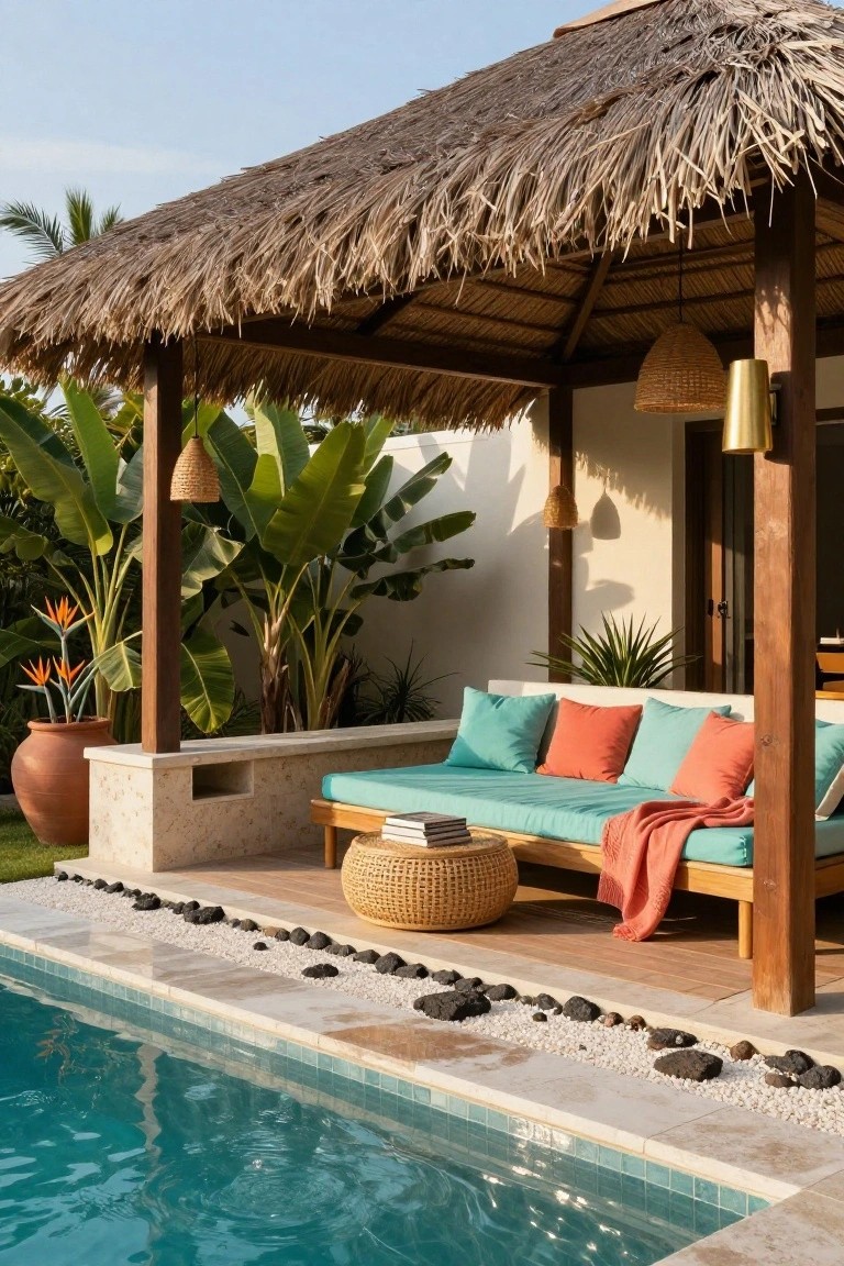 Thatched roof cabana with wooden frame, teal cushioned daybed with orange pillows and throw, potted plants, hanging lanterns, and turquoise pool alongside.