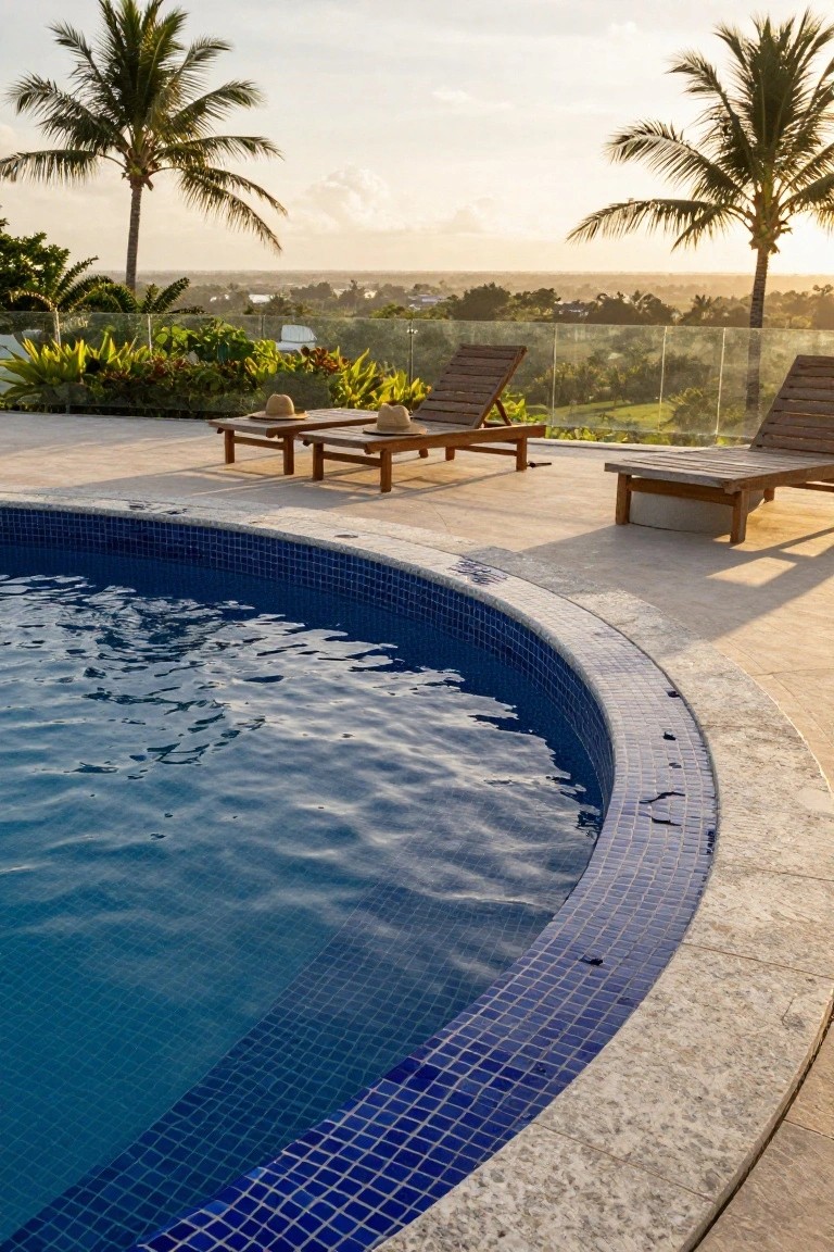 Curved swimming pool with blue mosaic tile edges on a light stone deck, wooden chaise lounges with cushions nearby, tropical plants and palms, glass railing, and distant sunset view.