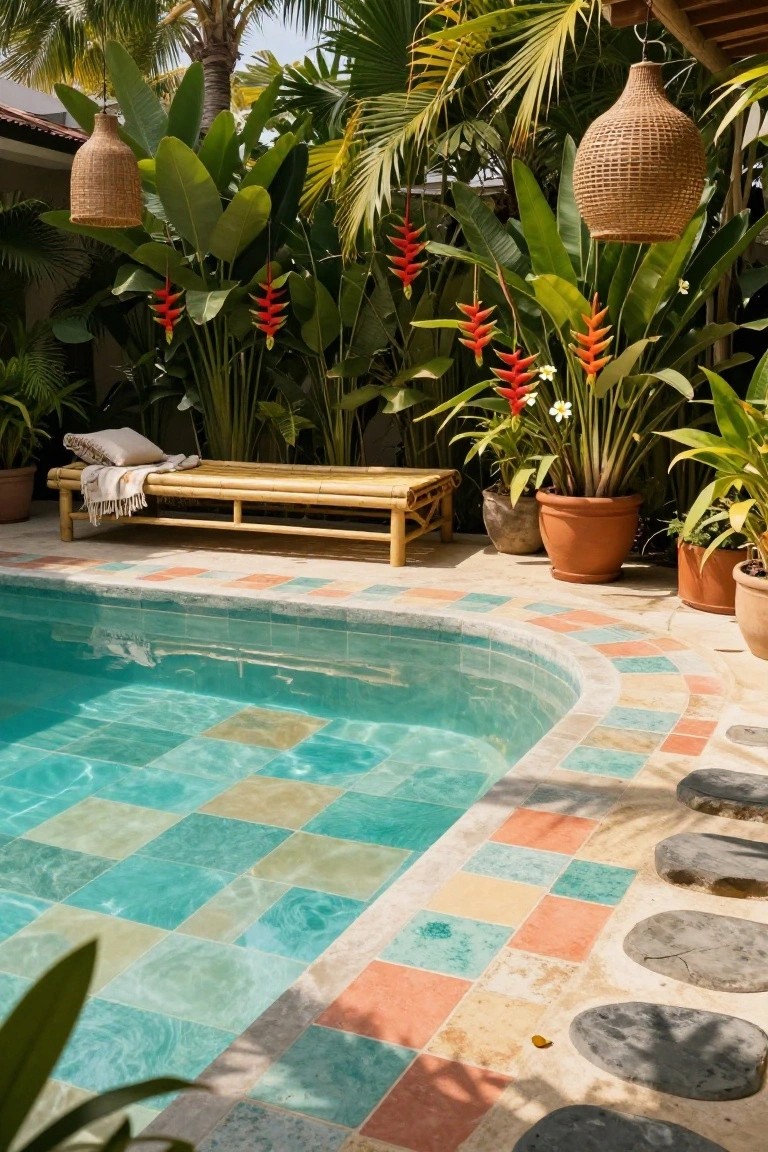 Curved turquoise swimming pool edged with irregular patchwork tiles in teal, orange, beige, and green tones, surrounded by tropical plants, potted greenery, a bamboo daybed with cushions and towel, and hanging rattan lanterns.