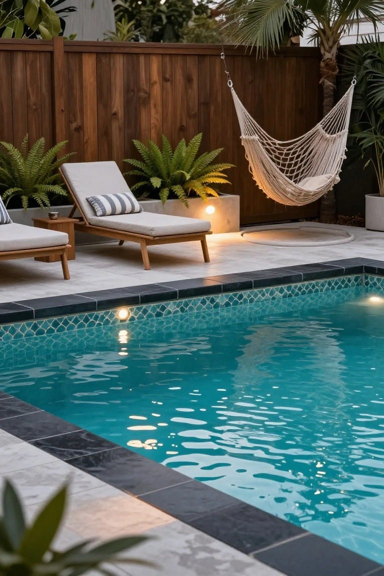 Backyard swimming pool with black coping tiles, turquoise mosaic waterline tiles, light gray deck pavers, two wooden loungers with cushions, white hammock swing, potted plants, and wooden fence.