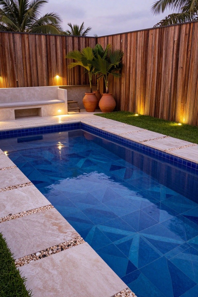 Rectangular pool with deep blue geometric triangular tile pattern, surrounded by beige stone pavers with pebble accents, grass strip, wooden slat fence, potted plants, and ground lighting.