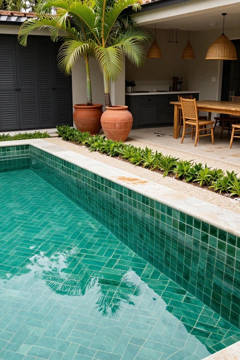 Rectangular infinity-edge swimming pool lined with emerald green mosaic tiles in herringbone pattern, bordered by white stone coping, low green plants in gravel bed, large terracotta pots, palm trees, and adjacent outdoor kitchen with wooden dining table.