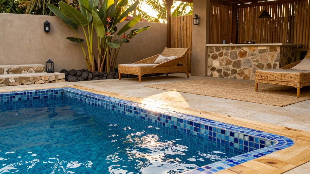 Blue mosaic-tiled pool with wooden deck edge, black lava rock border, rattan loveseat, tropical plants, and bamboo fence in a tropical outdoor setting.