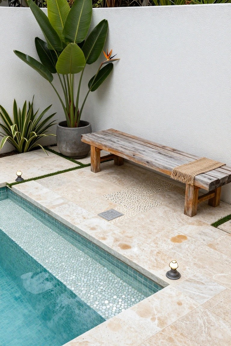 Close view of a turquoise glass mosaic tiled pool step and edge next to a beige travertine deck with a wooden bench, potted plants, and ground lights.
