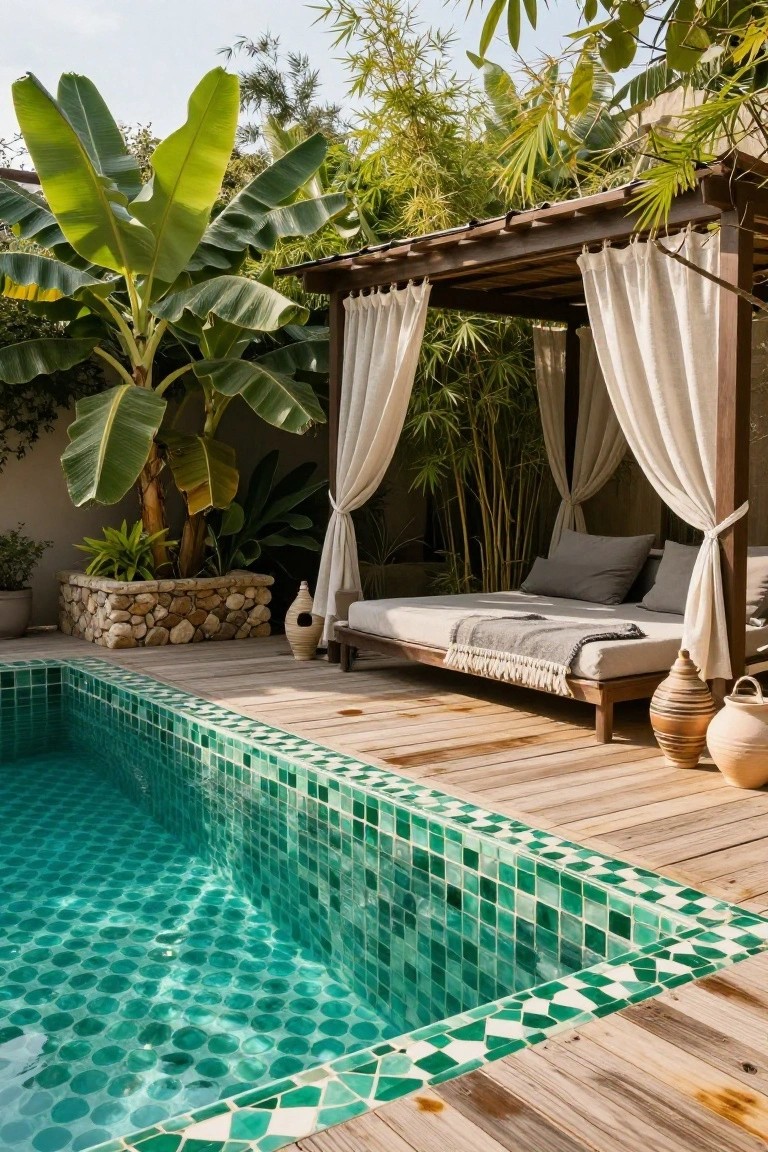 Outdoor infinity-edge pool with emerald green mosaic tiles, wooden deck platform, cushioned daybed under wooden pergola with white drapes, surrounded by banana trees, bamboo, and potted plants.