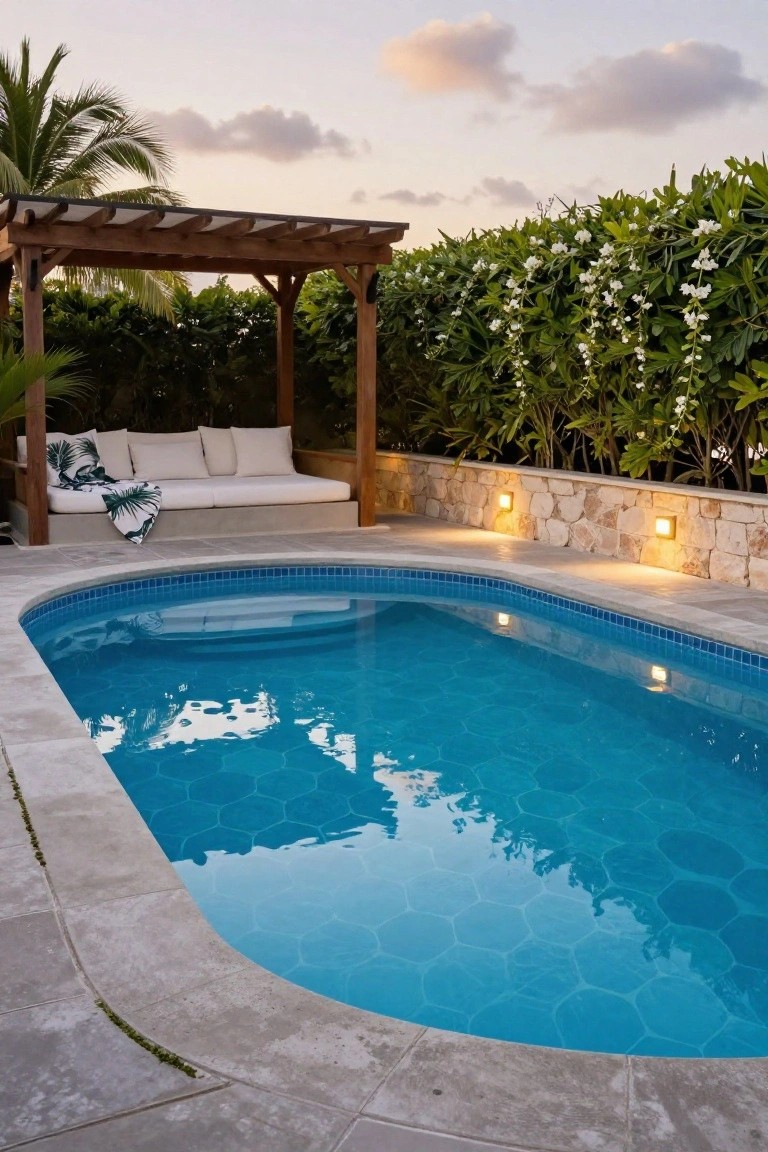 Curved backyard swimming pool with blue hexagonal tiles, wooden pergola with white cushions and green throw, stone retaining wall with lights, tropical plants and palm trees at dusk.