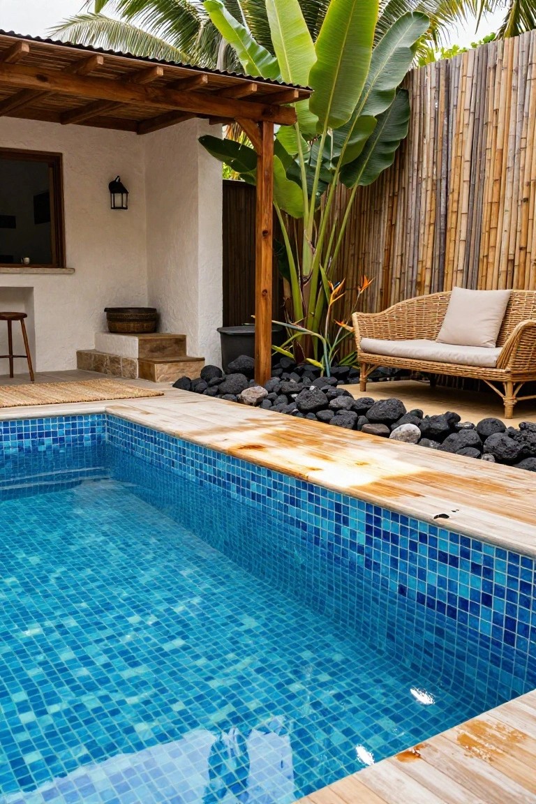 Blue mosaic-tiled pool with wooden deck edge, black lava rock border, rattan loveseat, tropical plants, and bamboo fence in a tropical outdoor setting.