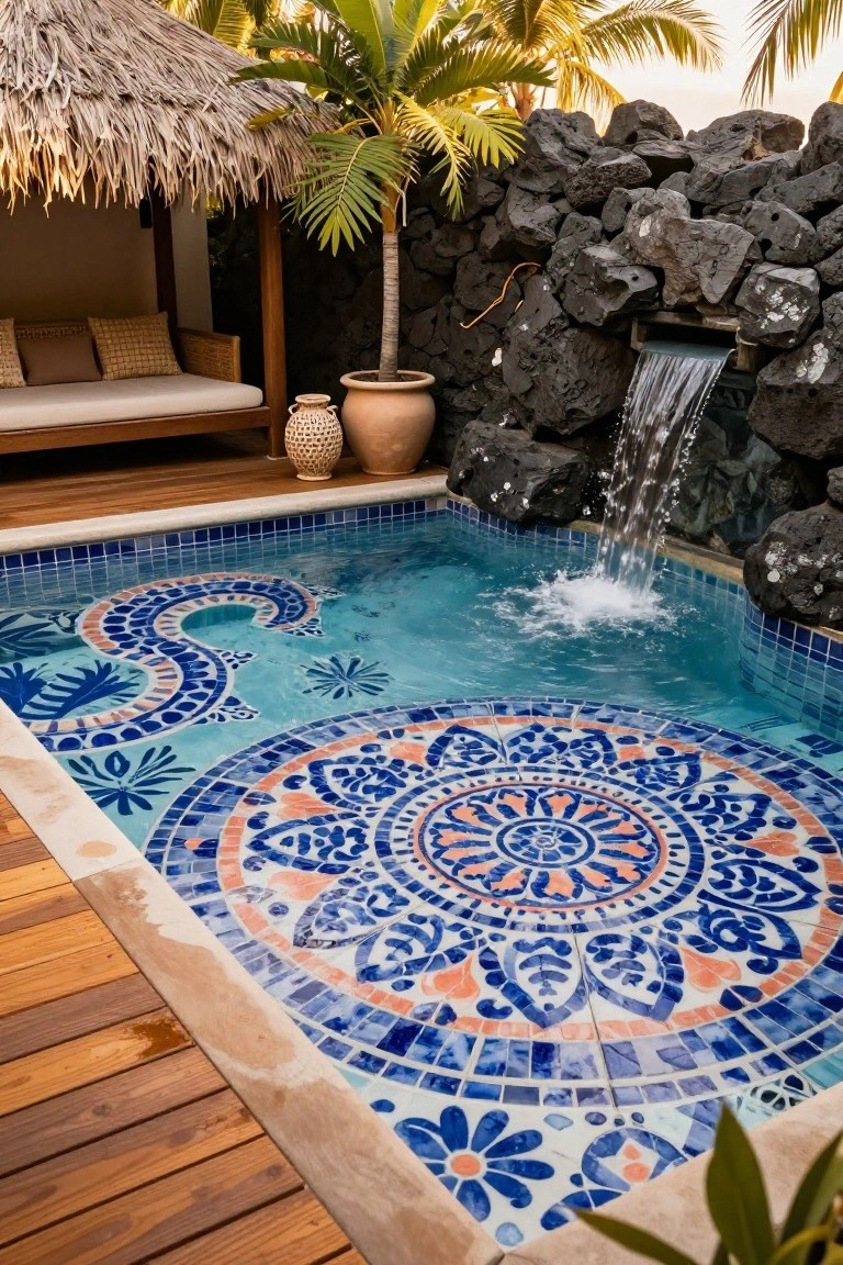 Small turquoise pool with intricate blue, orange, and white mosaic tile designs including a central mandala and serpentine motif on the floor, surrounded by wooden decking, lava rock walls with waterfall, thatched roof pavilion with cushions, potted plants, and palm trees.