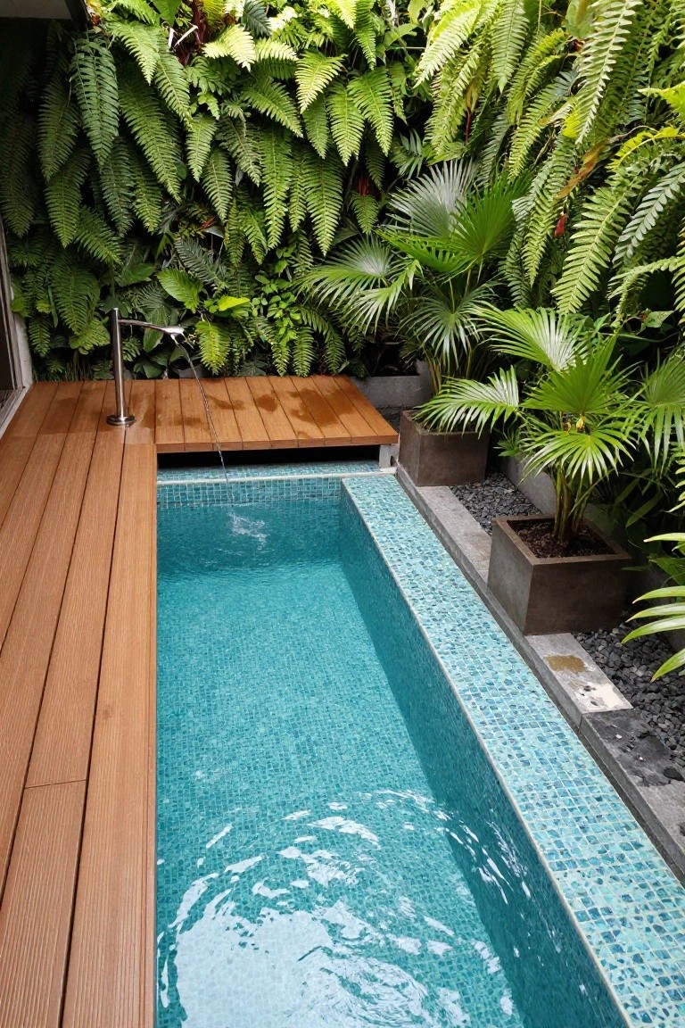 Narrow rectangular outdoor pool lined with turquoise mosaic tiles, bordered by wooden decking and surrounded by lush green ferns, palm plants in concrete pots, and black pebbles, with a metal shower pole nearby.