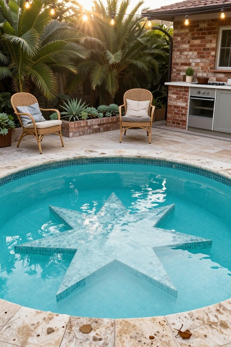 Round turquoise pool with raised white and blue mosaic star-shaped platform in center, travertine patio surround, rattan chairs, potted plants, palm trees, and outdoor kitchen with brick wall backdrop at sunset.