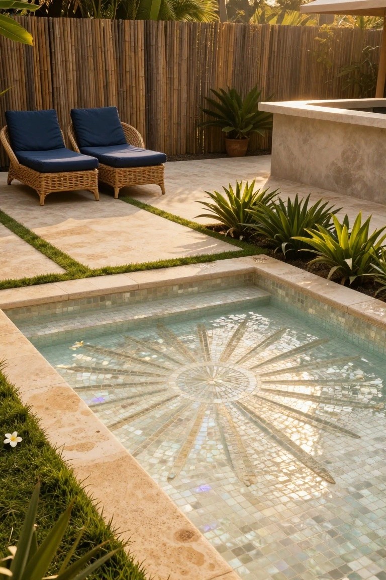 Small rectangular pool with iridescent mosaic sunburst tile design on the bottom, surrounded by beige stone paving, tropical plants, blue rattan loungers, and bamboo fencing.
