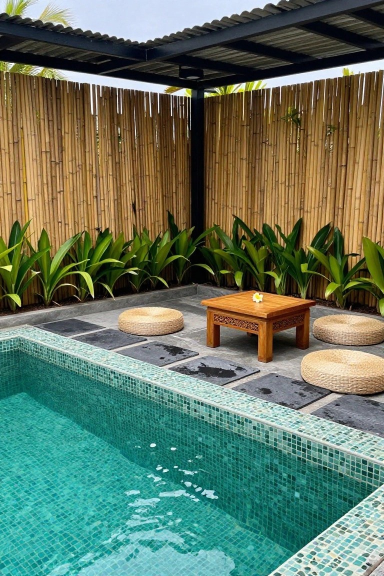 Small turquoise mosaic-tiled plunge pool edged with gray stone pavers, surrounded by tall bamboo fencing and lush green plants, with low woven stools and carved wooden table nearby under a metal roof.