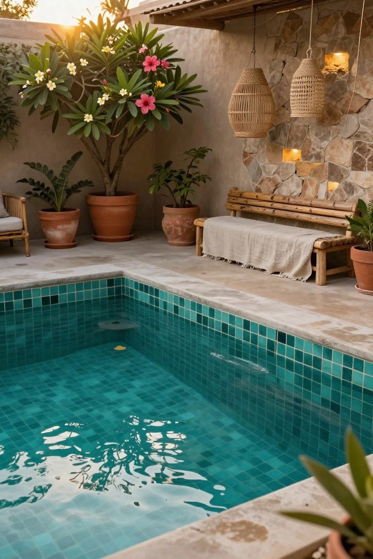 A small rectangular pool with turquoise mosaic tiles in a tropical outdoor patio area, surrounded by potted plants, a frangipani tree, terracotta pots, a bamboo bench with a throw, and hanging rattan lanterns against a textured stone wall.